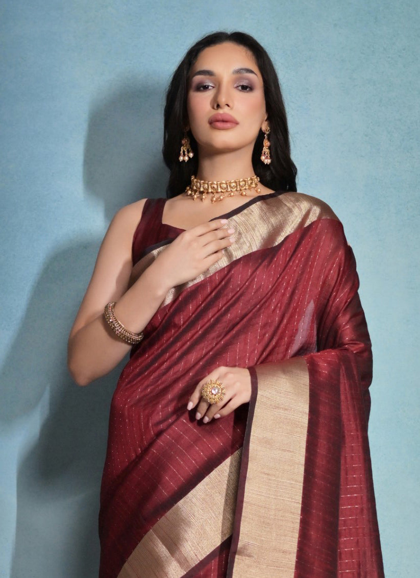 Maroon Raw Silk Woven Saree