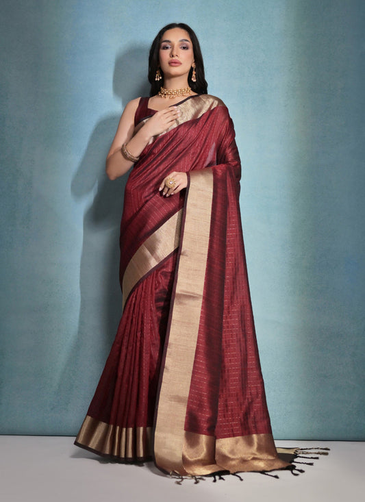 Maroon Raw Silk Woven Saree