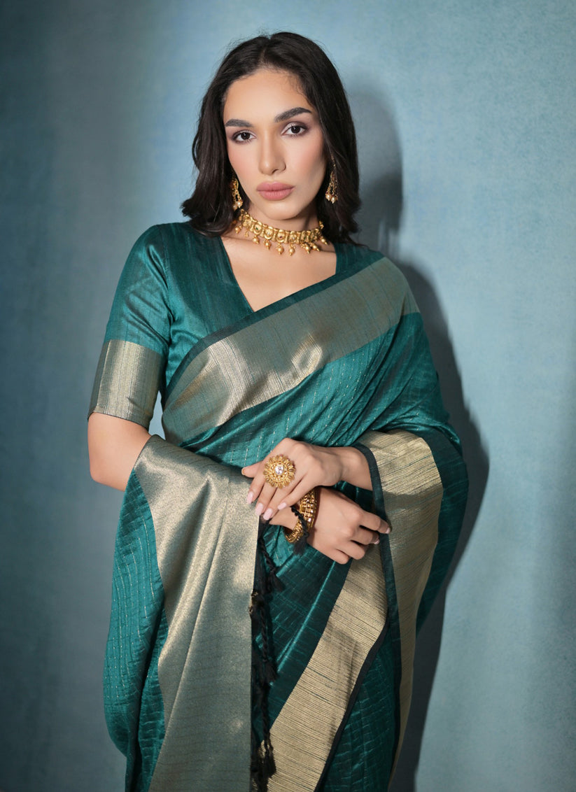 Rama Green Raw Silk Woven Saree