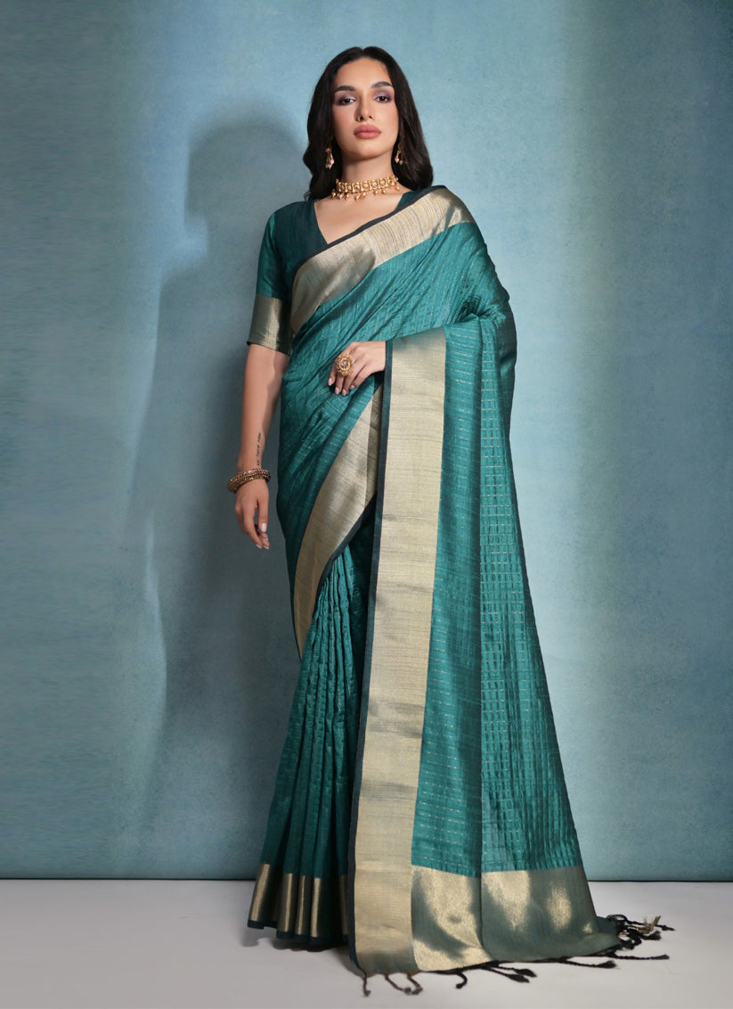 Rama Green Raw Silk Woven Saree