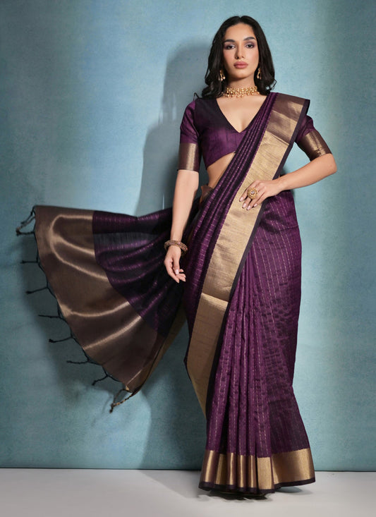 Wine Raw Silk Woven Saree
