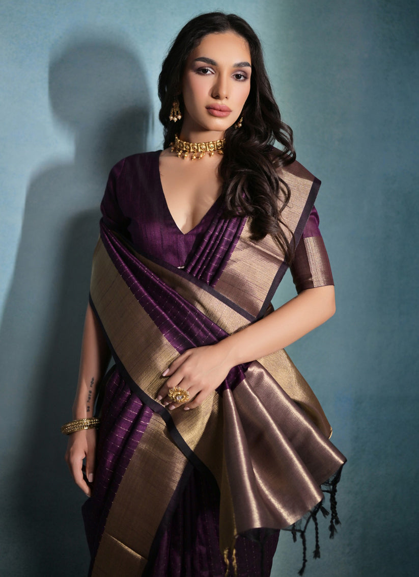 Wine Raw Silk Woven Saree