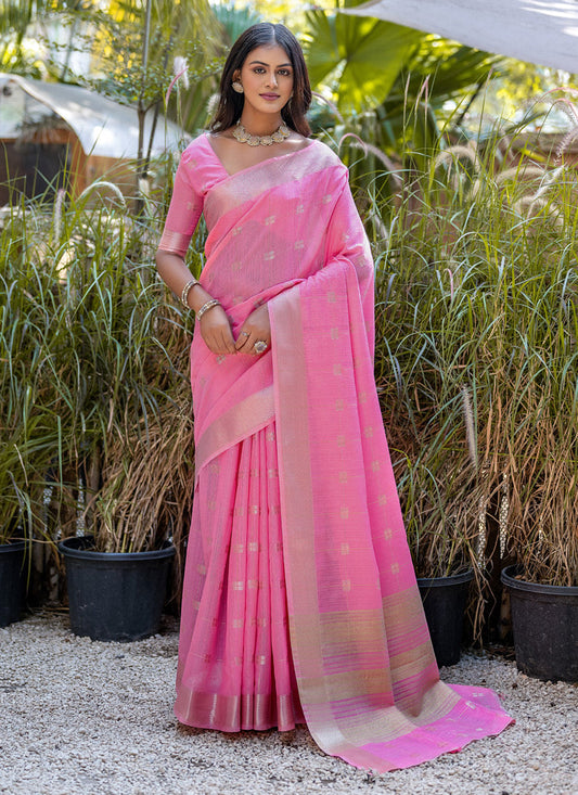 Pink Pure Cotton Zari Woven Saree