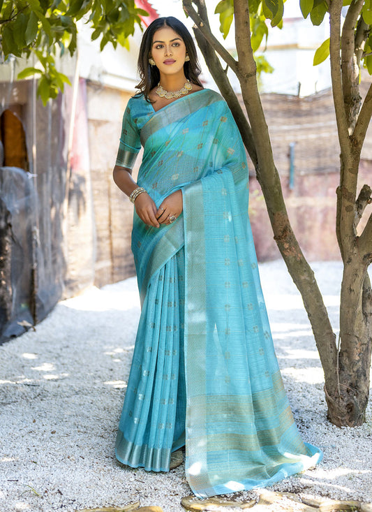 Sea Green Pure Cotton Zari Woven Saree