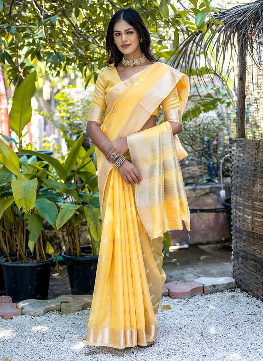 Yellow Pure Cotton Zari Woven Saree