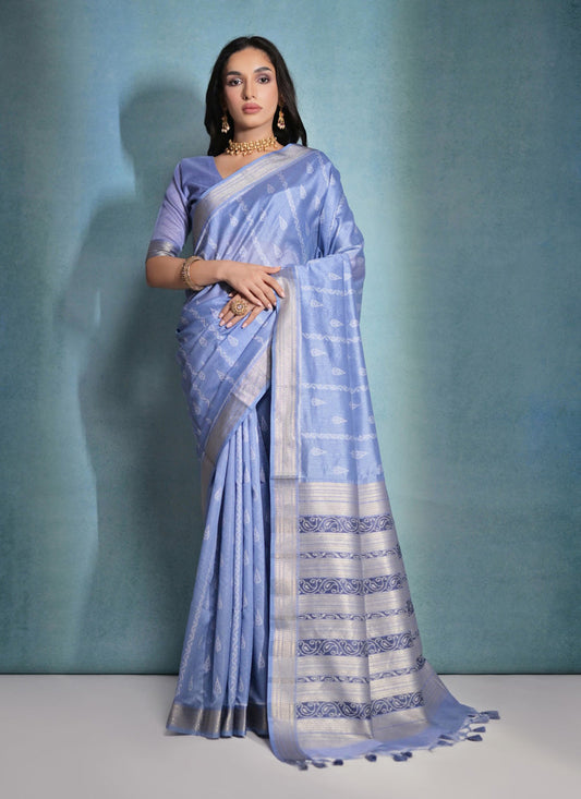 Powder Blue Raw Silk Woven Saree