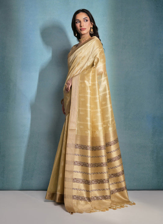 Cream Raw Silk Woven Saree