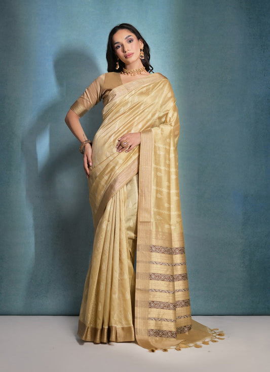 Cream Raw Silk Woven Saree