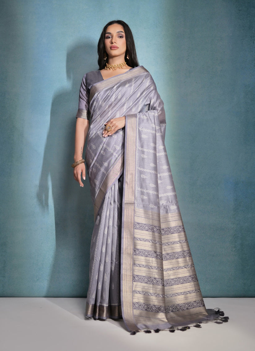 Grey Raw Silk Woven Saree