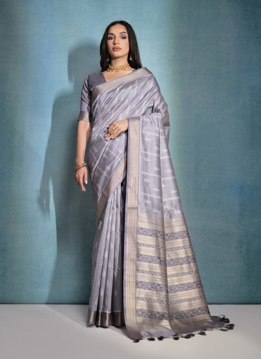 Grey Raw Silk Woven Saree