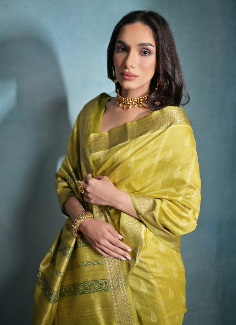 Mahendi Green Raw Silk Woven Saree