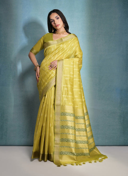 Mahendi Green Raw Silk Woven Saree
