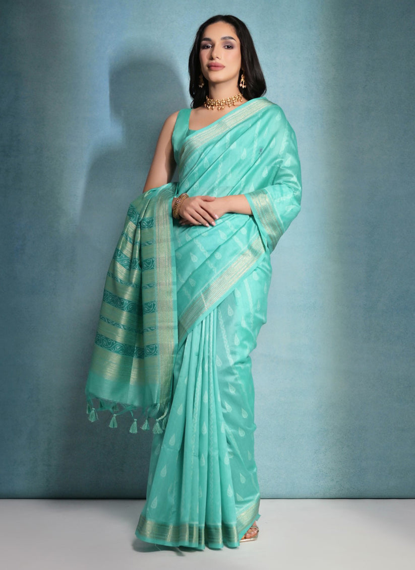 Sea Green Raw Silk Woven Saree