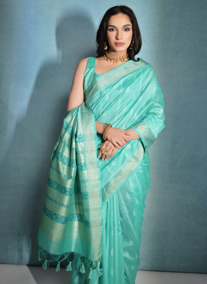 Sea Green Raw Silk Woven Saree