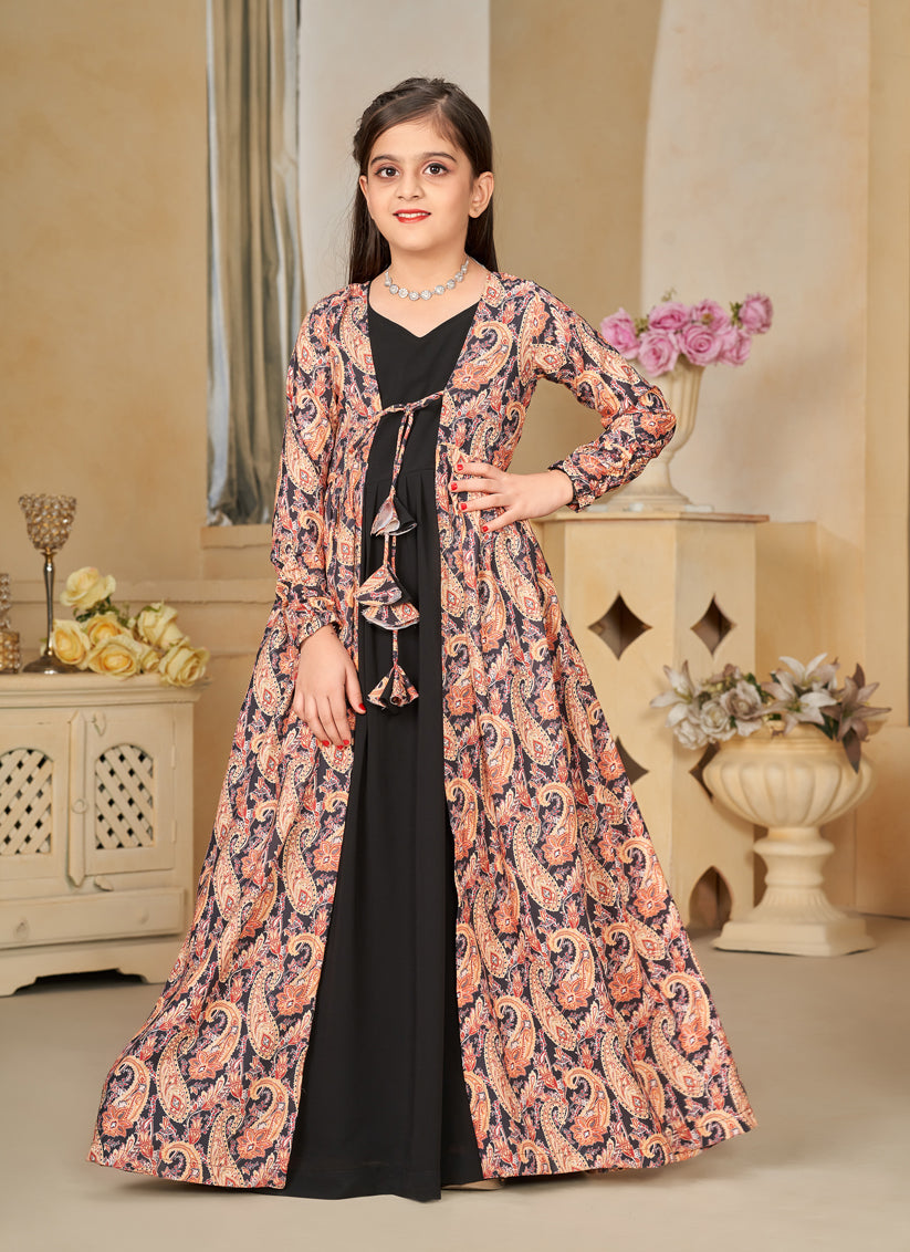 Black Georgette Kids Gown with Jacket