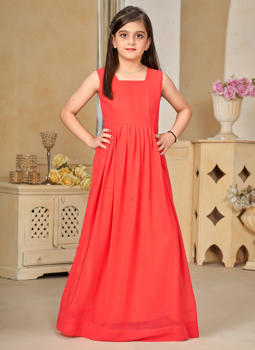 Coral Georgette Kids Gown with Jacket