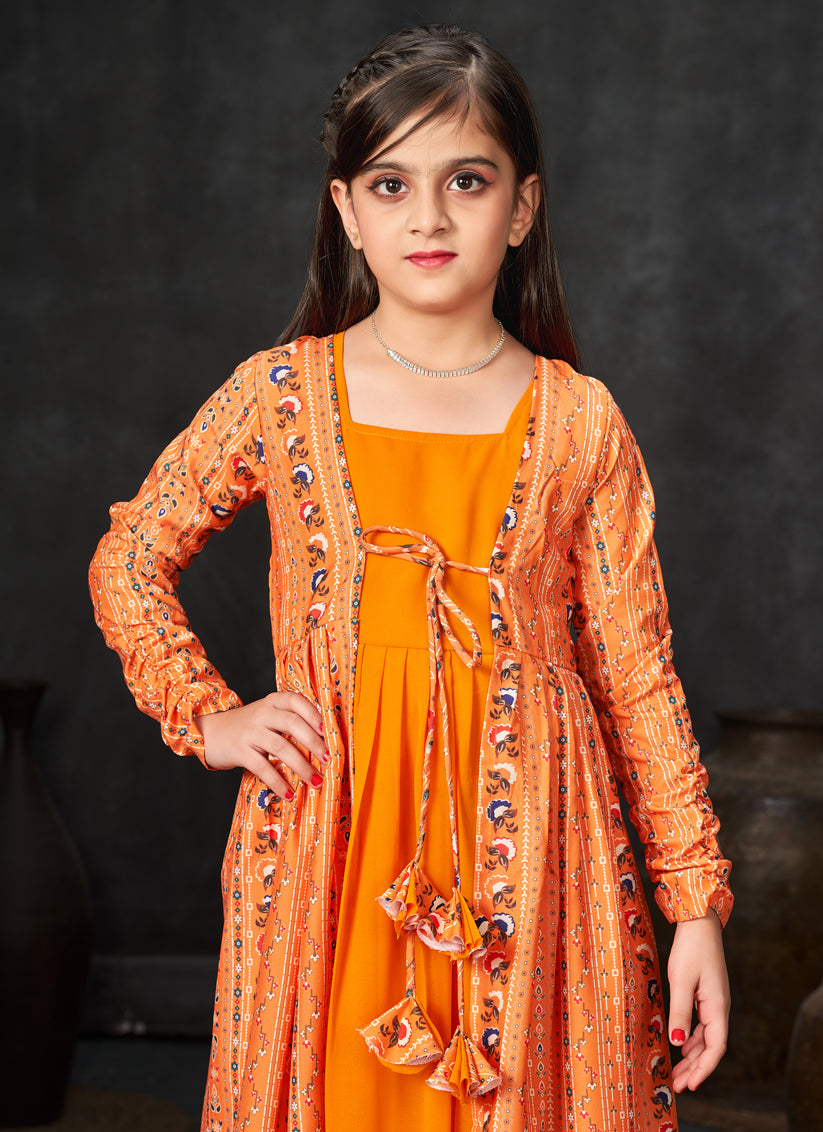 Golden Orange Georgette Kids Gown with Jacket