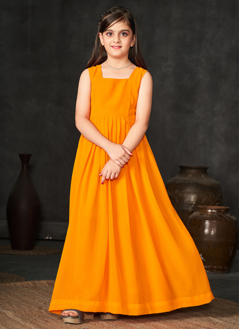 Golden Orange Georgette Kids Gown with Jacket