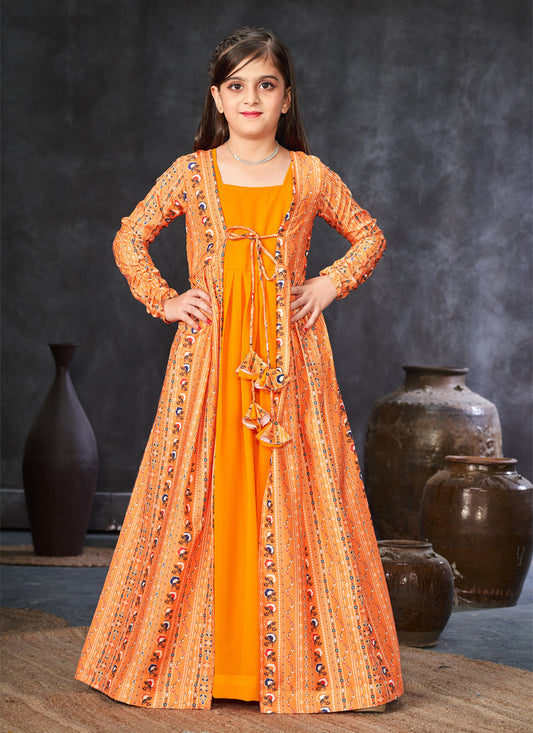 Golden Orange Georgette Kids Gown with Jacket