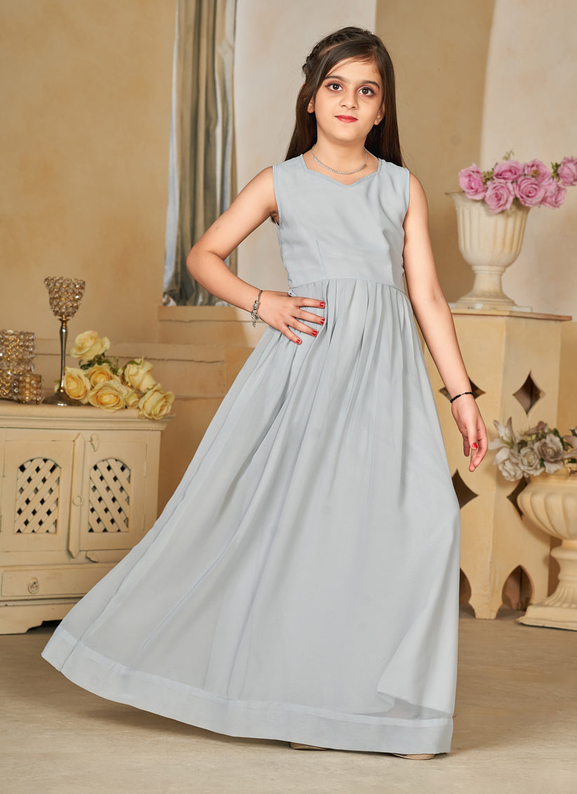 Soft Grey Georgette Kids Gown with Jacket
