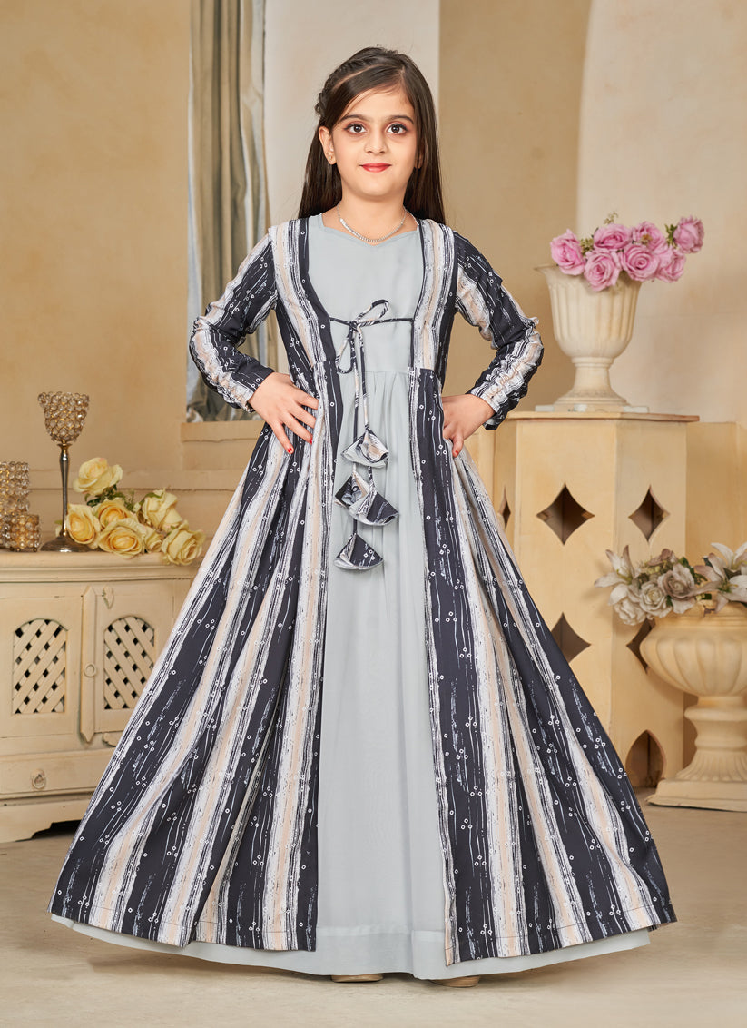 Soft Grey Georgette Kids Gown with Jacket