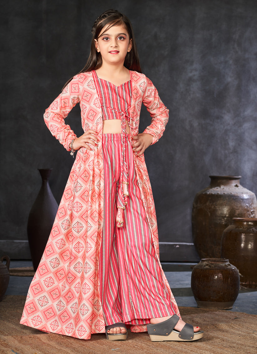 Salmon Pink Rayon Kids IndoWestern with Jacket