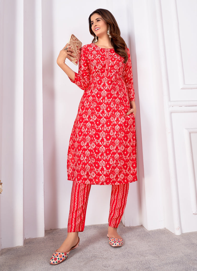 Hot Red Silk Handwork Kurti with Pant