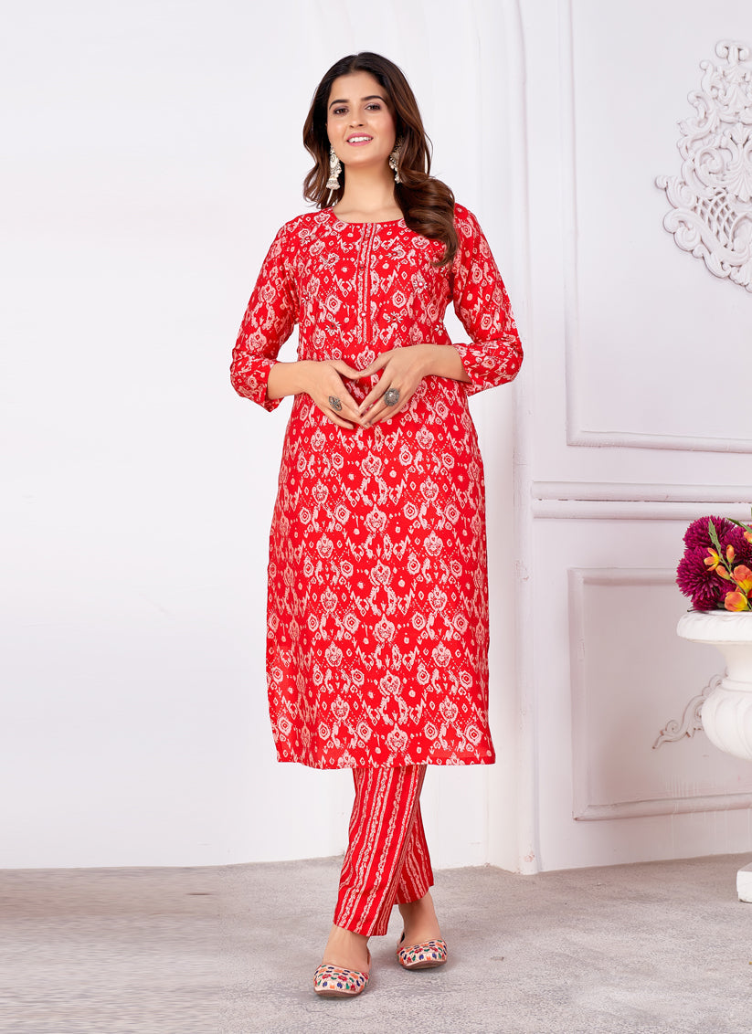 Hot Red Silk Handwork Kurti with Pant