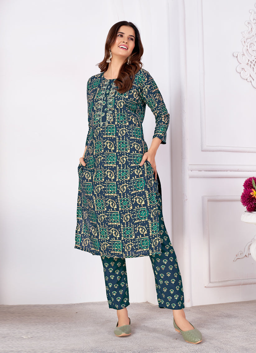 Prussian Blue Silk Handwork Kurti with Pant