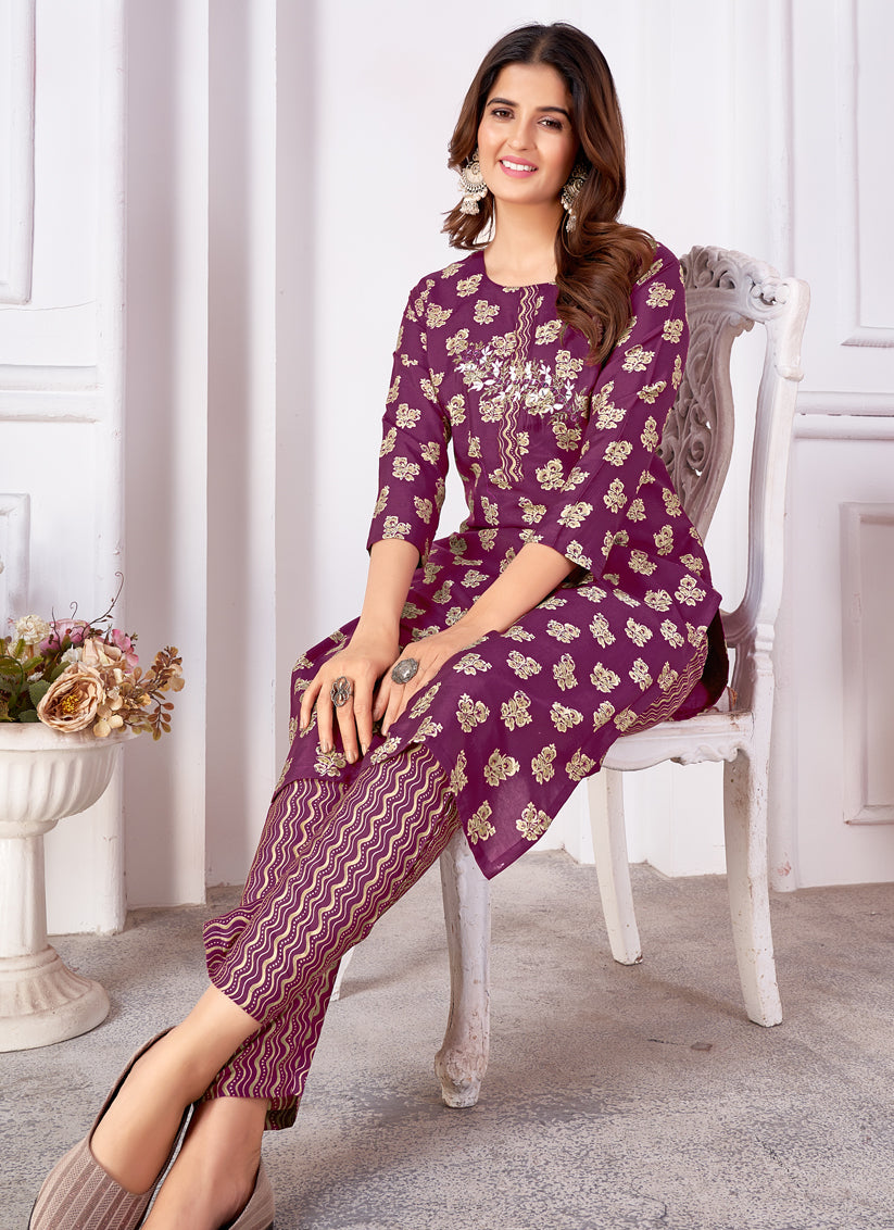Magenta Silk Handwork Kurti with Pant