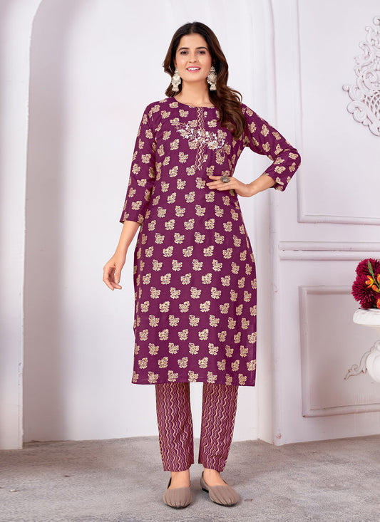 Magenta Silk Handwork Kurti with Pant