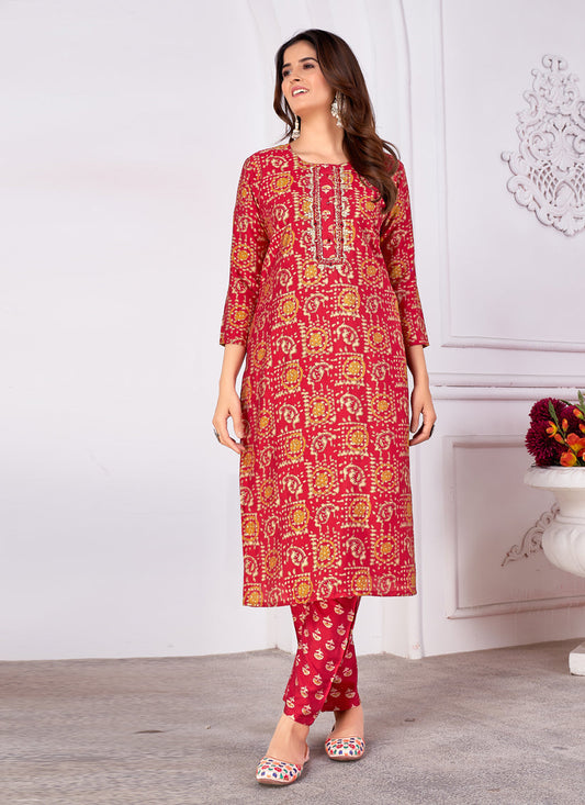 Salsa Red Silk Handwork Kurti with Pant