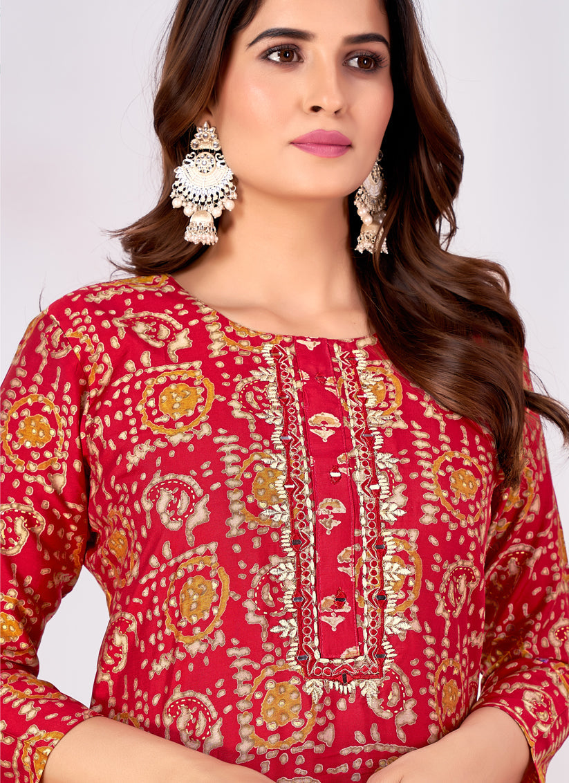 Salsa Red Silk Handwork Kurti with Pant