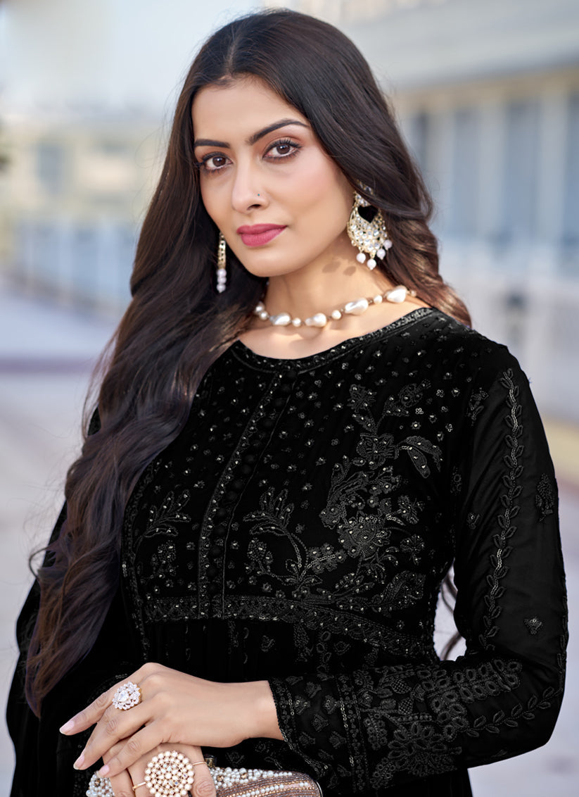 Black Georgette Embroidered Anarkali Suit
