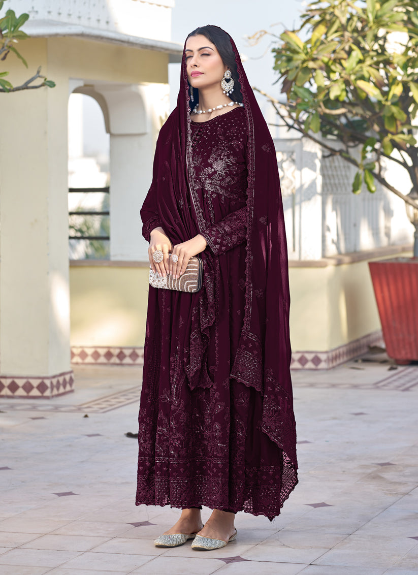 Wine Georgette Embroidered Anarkali Suit