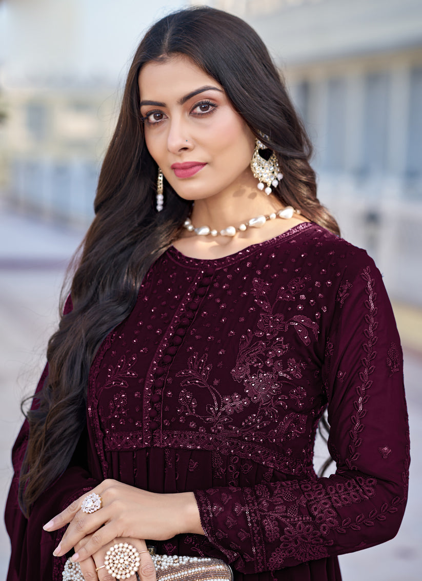 Wine Georgette Embroidered Anarkali Suit