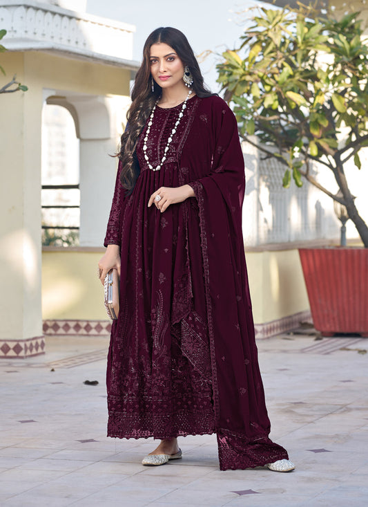 Wine Georgette Embroidered Anarkali Suit