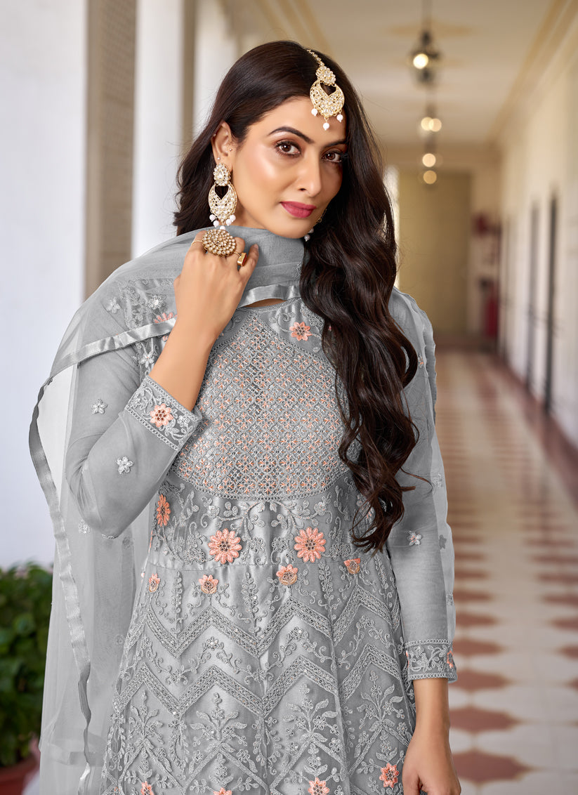 Steel Grey Net Embroidered Anarkali Dress for Festival