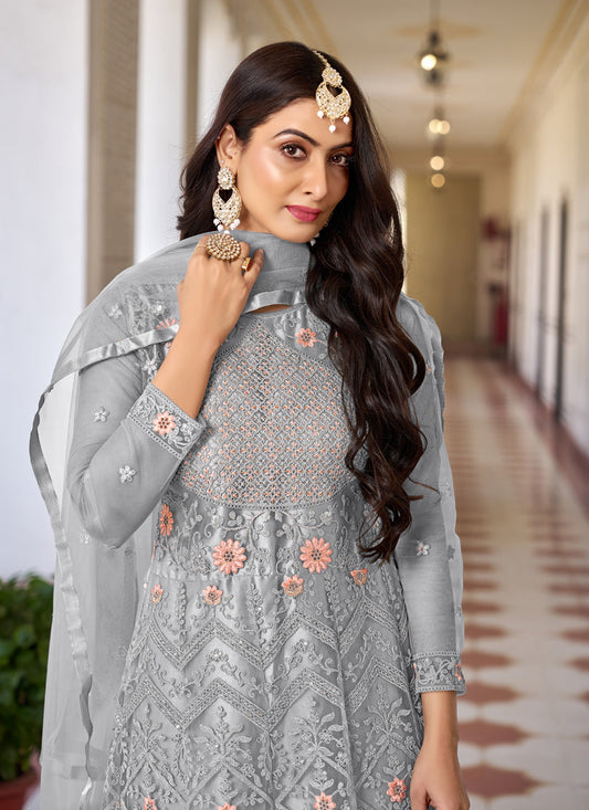 Steel Grey Net Embroidered Anarkali Dress for Festival