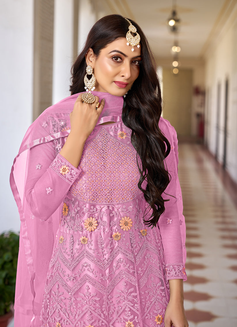 Cherry Pink Net Embroidered Anarkali Dress for Festival