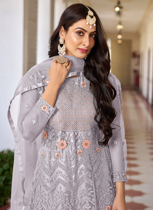 Smoke Grey Net Embroidered Anarkali Dress for Festival