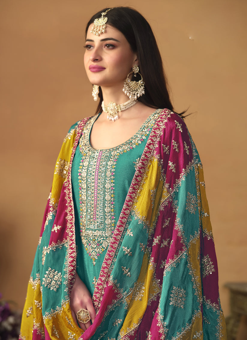 Turquoise Green Chinon Silk Embroiudered Trouser Kameez Suit