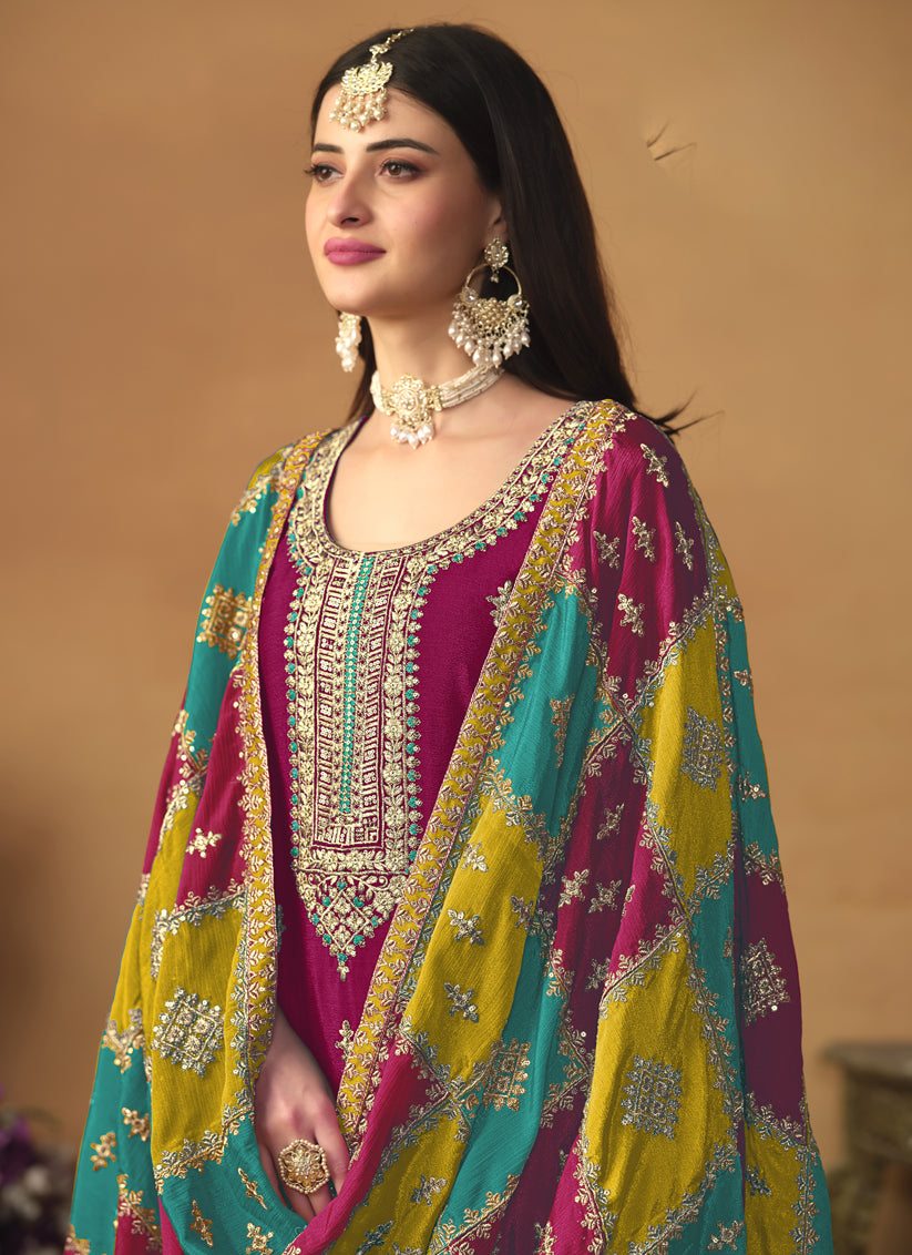 Rani Pink Chinon Silk Embroiudered Trouser Kameez Suit