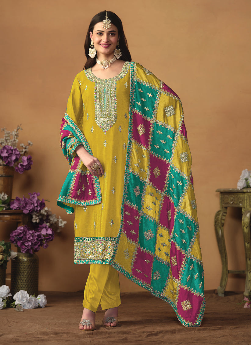 Mustard Yellow Chinon Silk Embroiudered Trouser Kameez Suit