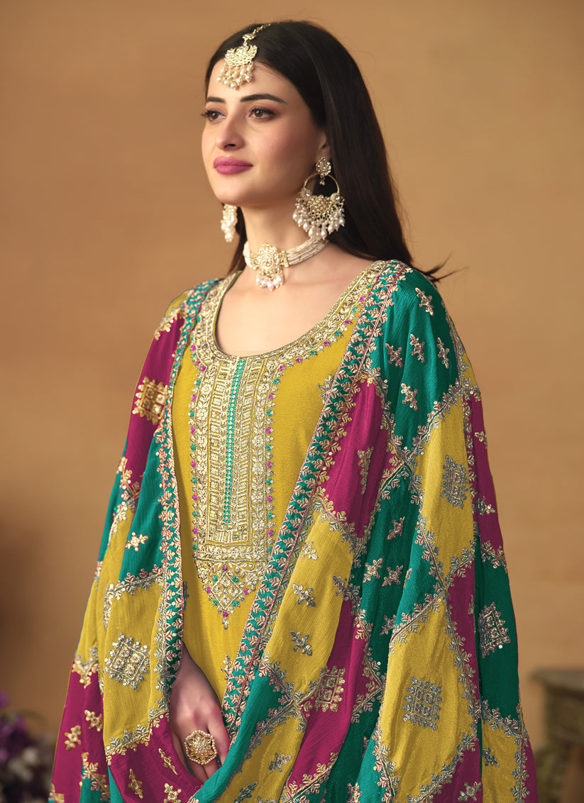 Mustard Yellow Chinon Silk Embroiudered Trouser Kameez Suit
