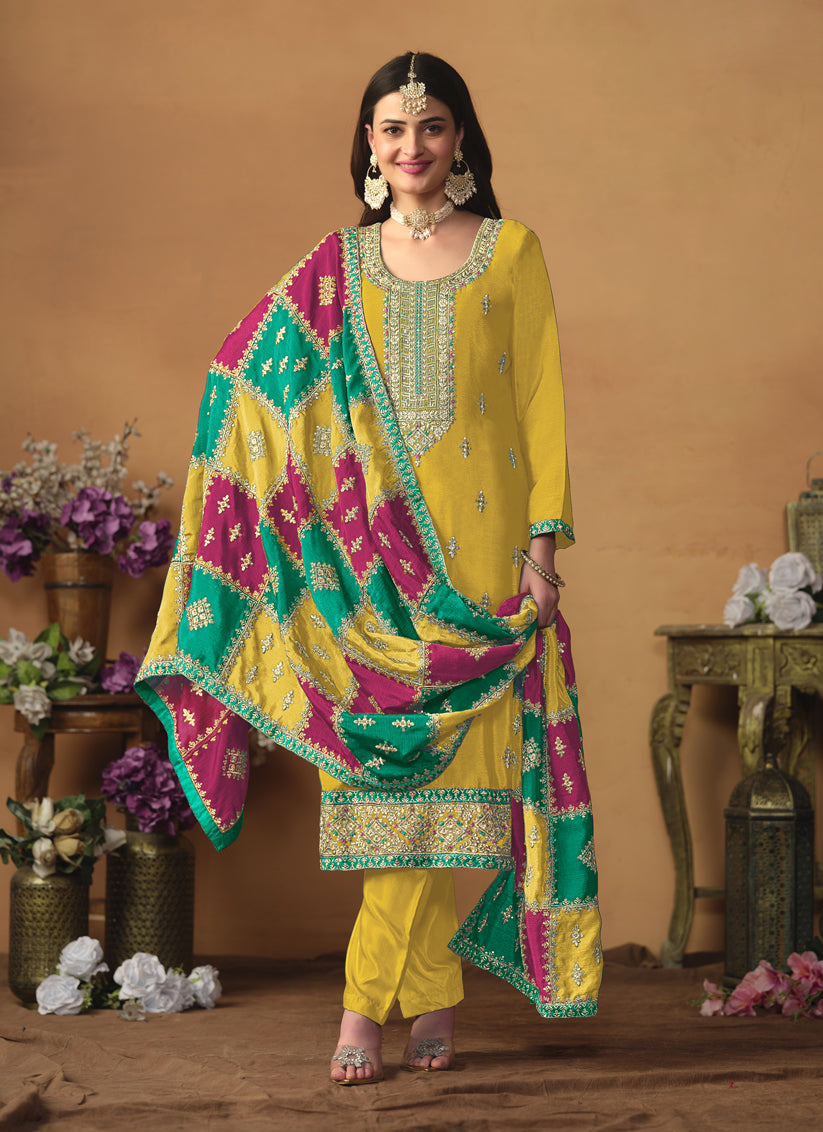 Mustard Yellow Chinon Silk Embroiudered Trouser Kameez Suit