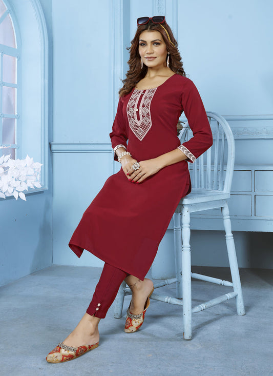 Maroon Cotton Kurti With Pent