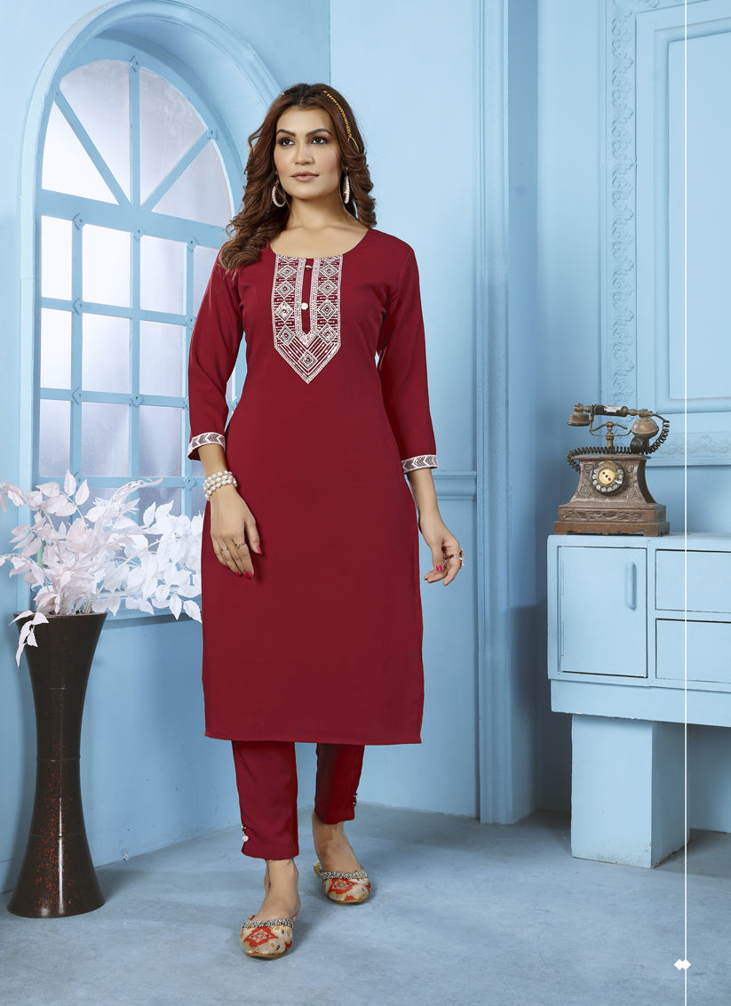 Maroon Cotton Kurti With Pent