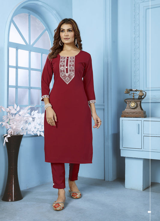 Maroon Cotton Kurti With Pent