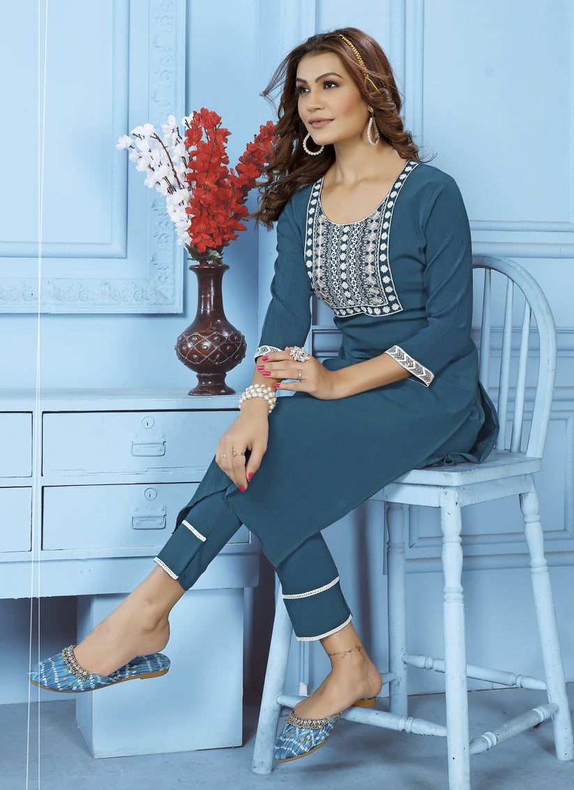 Teal Blue Cotton Kurti With Pent